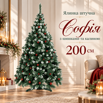 Новорічне дерево Софія заввишки два метри з червоними зимовими акцентами