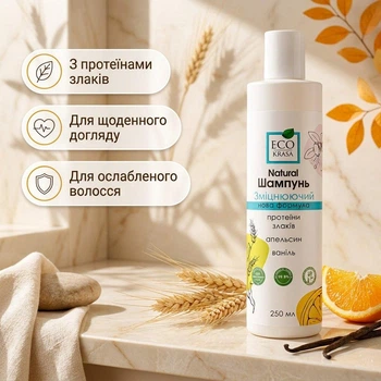 Шампунь EcoKrasa зміцнюючий протеїни злаків, апельсин та ваніль 250 мл