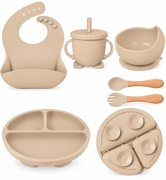 Набор детской силиконовой посуды для кормления и первого прикорма : тарелка, слюнявчик, тарелка для супа, ложка, вилка, поильник на присосках Бежевый