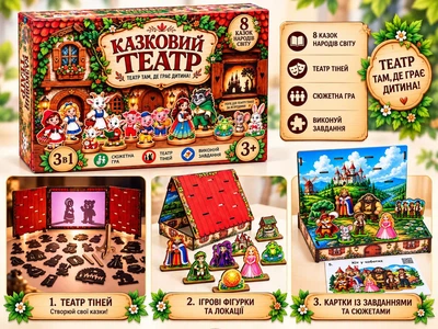 Обучающая деревянная игра Enotik Сказочный театр 3 в 1 — театр теней, сюжетная игра, карточки с заданиями, 3+