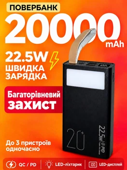 Повербанк 20000 mah 22.5W Super Fast Charge 10192 з LED дисплеєм і швидкою зарядкою PD/QC 3 порта powerbank павербанк для телефона apple айфона iphone самсунг samsung роутера планшета універсальний з ліхтариком