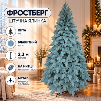Штучна лита ялинка Фростберг 2.3 м розкішна новорічна ялинка, різдвяна пишна довговічна ялинка з густими гілками з полімеру на нитці та складною металевою підставкою для дому Блакитний
