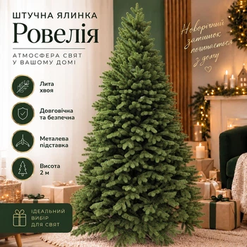 Штучна лита ялинка Ровелія висотою 2 м розкішна новорічна складна ялинка з полімеру, різдвяна пишна довговічна ялинка з густими гілками та складною металевою підставкою для дому Зелений