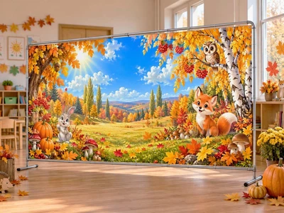 Осенний баннер для фотозоны PHOTODECOR «Лисичка и сова возле осенних берез» 1 кв.м