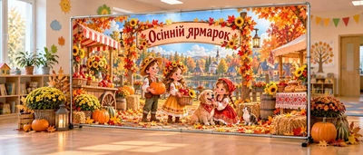 Осенний баннер для фотозоны PHOTODECOR «Дети у прилавков осенней ярмарки» 1 кв.м