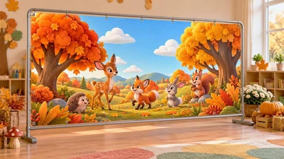 Осенний баннер для фотозоны PHOTODECOR «Лесные зверята на солнечной поляне» 1 кв.м