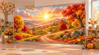 Осенний баннер для фотозоны PHOTODECOR «Извилистая дорога на золотом закате» 1 кв.м