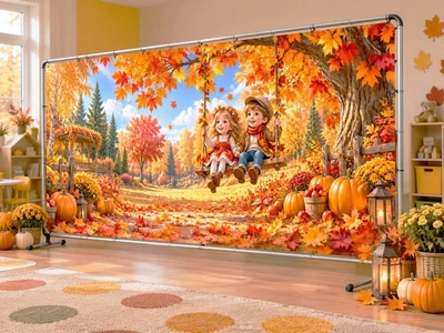Осенний баннер для фотозоны PHOTODECOR «Дети на качелях в осеннем лесу» 1 кв.м