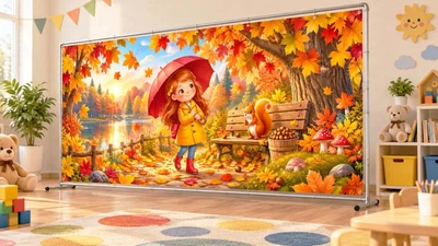 Осенний баннер для фотозоны PHOTODECOR «Девочка с красным зонтиком у озера» 1 кв.м