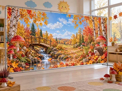 Осенний баннер для фотозоны PHOTODECOR «Лесной ручей с мостиком и зверятами» 1 кв.м