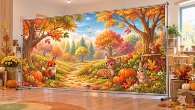 Осенний баннер для фотозоны PHOTODECOR «Олененок и зайчик у лесной тропинки» 1 кв.м