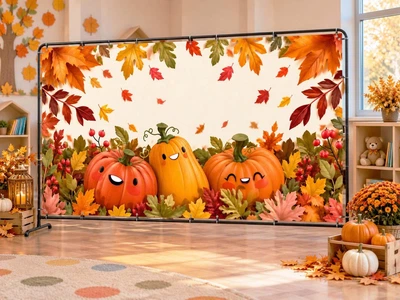 Осенний баннер для фотозоны PHOTODECOR «Веселые тыковки под кленовыми листьями» 1 кв.м