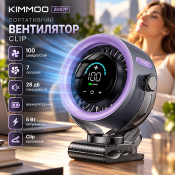Портативный вентилятор KIMMOO ZH27P Clip, 100 скоростей, 7 лопастей, 5 Вт, 28 дБ, аккумуляторный, серый