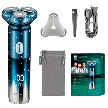 Электробритва VGR V-392 BLUE, роторная, 3 плавающие головки, LED-дисплей, влагозащита