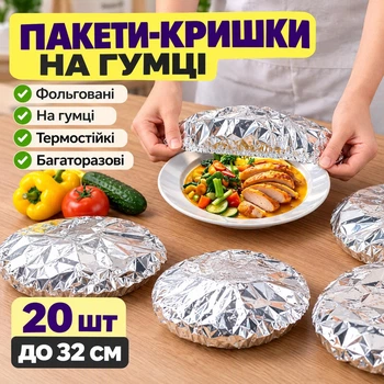 Фольговані пакети на гумці для тарілок еластичні для зберігання продуктів 20 штук, поліетиленові термо пакети-кришки для зберігання в холодильнику (пакет фр-20)
