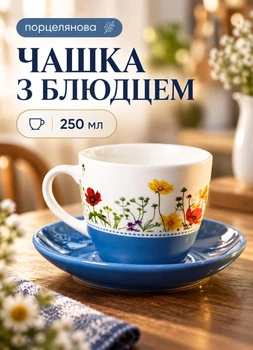 Чашка з блюдцем набір порцелянова 250 мл чашка чайна пара на подарунок для чаю та кави Синя
