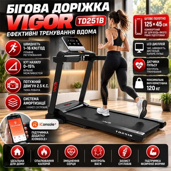 Беговая дорожка с амортизацией и наклоном Vigor 20 км/ч 140 кг электрическая складная домашняя Bluetooth 24 программы