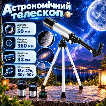 Астрономический телескоп зеркально-линзовый увеличение до 90x штатив 37 см, линза Барлоу и вращающаяся линза 1.5x Серый
