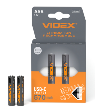 Литий-ионный аккумулятор AAA VIDEX LIR03C Type-C 1.5V 570mAh мизинчиковый с прямой зарядкой USB-C