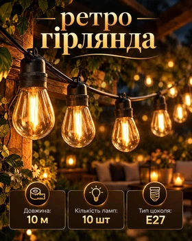 Гирлянда уличная с лампочками / Светодиодная садовая LED-гирлянда / Декоративный ретро свет для террасы / Праздничное освещение для беседки и кафе