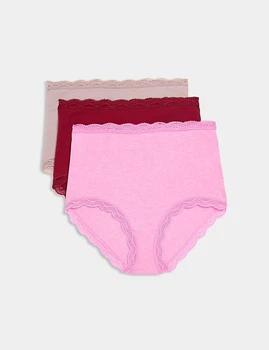Трусы с высокой посадкой M&S Collection Cotton Rich Full Briefs набор 3 шт хлопковые с кружевом разноцветные UK18 XL (T61/4865F)