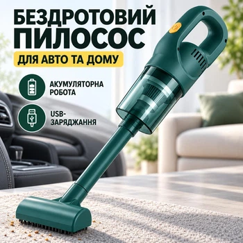 Беспроводной автомобильный пылесос аккумуляторный с USB-зарядкой, сменными насадками и фильтром, зелёный