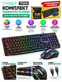 Комплект клавіатура та миша TWolf TF200, чорний (Black), пошкоджена упаковка - Б/У