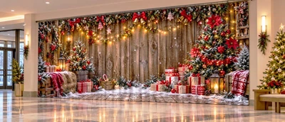 Новогодние ФотоШторы / Фотозона PHOTODECOR "Праздничные деревянные двери" 1 кв.м