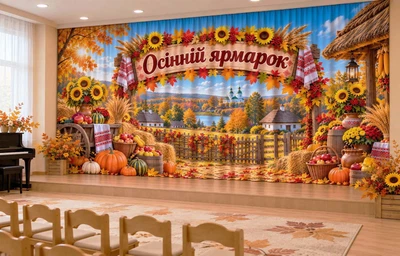 Осенние фотошторы для детского сада PHOTODECOR «Ярмарка возле деревянной избушки» 1 кв.м