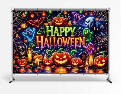 Баннер на Хэллоуин. Halloween "Тыквы, свечи, летучие мыши" размер 2х3м. С люверсами.
