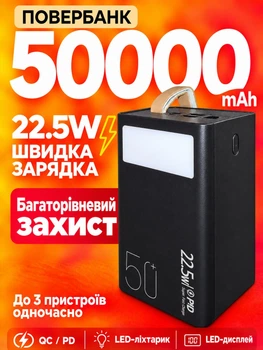 Повербанк 50000 mah 22.5W Super Fast Charge 10024 з LED дисплеєм і швидкою зарядкою PD/QC 3 порта powerbank павербанк для телефона apple айфона iphone самсунг samsung роутера планшета універсальний з ліхтариком