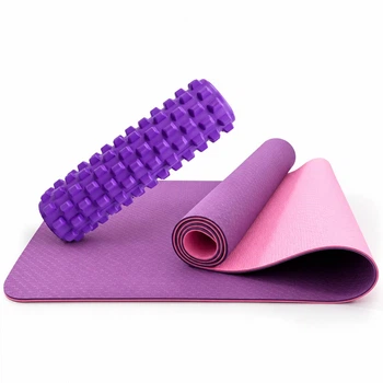 Набор для йоги Коврик двусторонний 183х61 см и рол-массажер Feel Fit 45 см розово-фиолетовый