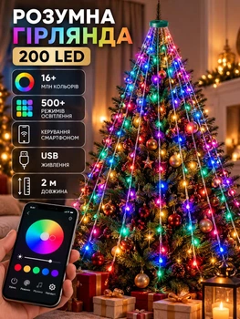 Умная смарт гирлянда с кольцом на елку 10 нитей по 2 метра Smart 200 led Garlando Pro управление телефоном и пультом USB белый провод свет Мультицвет