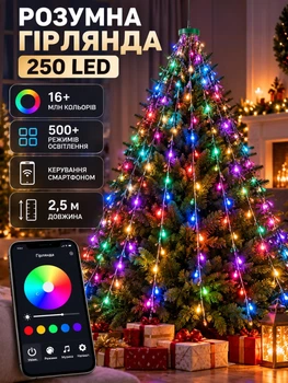 Розумна смарт гірлянда з кільцем на ялинку 10 ниток по 2.5 метра Smart 250 led Garlando Pro управління телефоном та пультом USB білий дріт світло Мультиколір