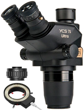 Микроскоп тринокулярный YCS 71 Ultra / 6.7X-45X / адаптер CTV 0.5X / LED подсветка / без штатива / Черный