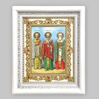 Икона Василий Великий, Григорий Богослов и Иоанн Златоуст святители, лик 15х18 см, в белом киоте с камнями