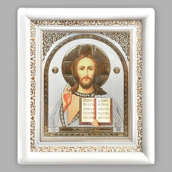 Икона Господь Вседержитель, лик 15х18 см, в белом деревянном киоте, 06152