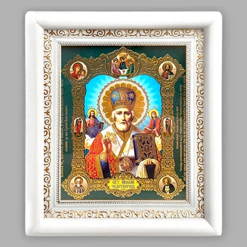 Икона Николай Чудотворец святой, лик 15х18 см, в белом деревянном киоте, 53103