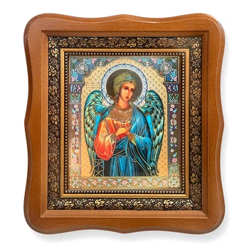 Икона Ангела Хранителя, лик 15х18 см, в светлом деревянном киоте.