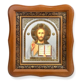 Икона Господа Вседержителя, лик 15х18 см, в светлом деревянном киоте, 06009