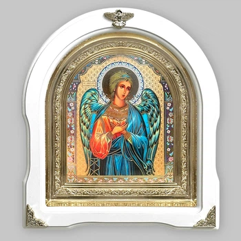 Икона Ангела Хранителя, лик 15х18 см, в белом деревянном киоте, арка, 08990