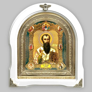 Икона Василий Великий Святитель, лик 15х18 см, в белом деревянном киоте, арка, 53100