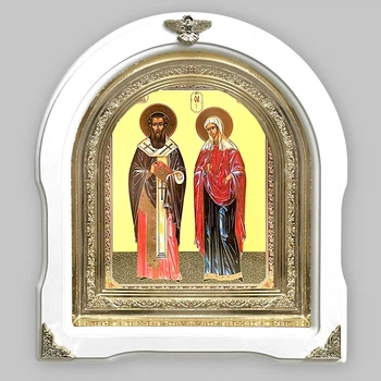 Икона Киприян и Иустина святые мученики, лик 15х18 см, в белом деревянном киоте, арка