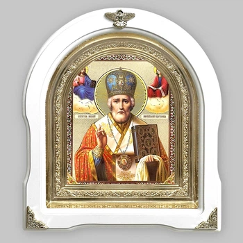 Икона Николай Чудотворец святой, лик 15х18 см, в белом деревянном киоте, арка