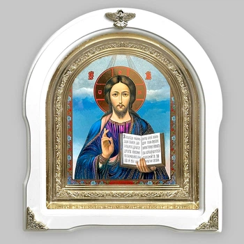 Икона Спаситель, лик 15х18 см, в белом деревянном киоте, арка, 08993