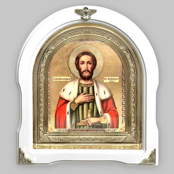 Икона Александр Невский святой благоверный князь, лик 15х18 см, в белом деревянном киоте, арка