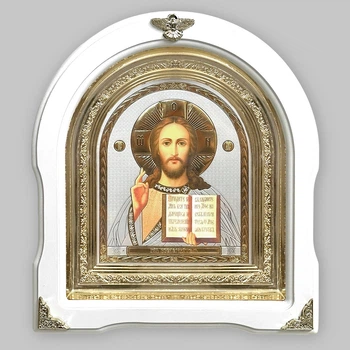 Икона Господа Вседержителя, лик 15х18 см, в белом деревянном киоте, арка, 08970