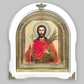 Икона Иоанн Сочавский святой великомученник, лик 15х18 см, в белом деревянном киоте, арка