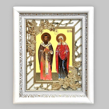 Икона Киприян и Иустина святые мученики, лик 15х18 см, в белом киоте с виноградным окладом