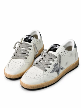 Женские кеды Golden Goose белые с перфорацией, серебристой блестящей звездой и серыми шнурками размер 40